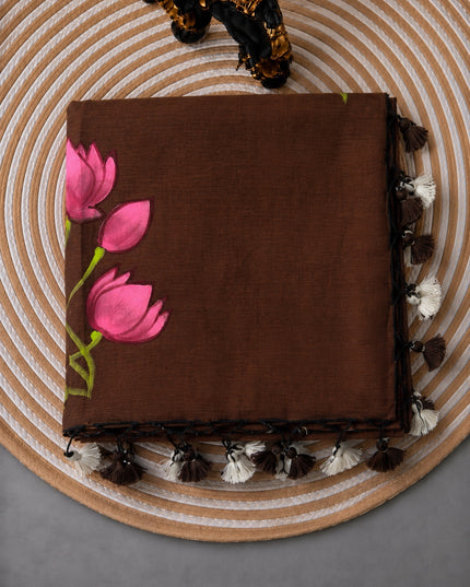 Mul cotton saree and Hand Painting with Tassels-  Brown