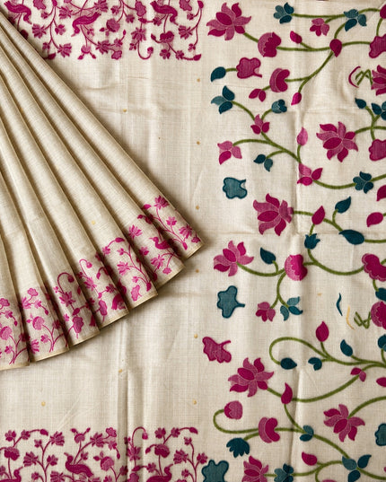 Cotton Chanderi Jamdani Saree with Checks Design and floral Print  Border - Cream & Pink