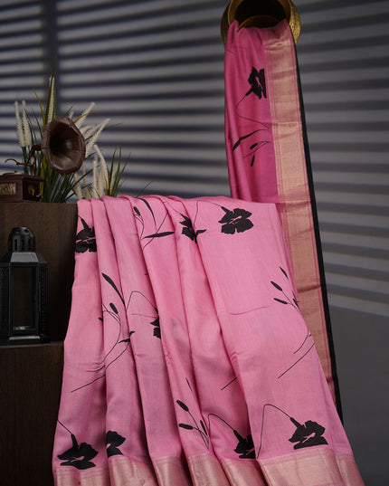 Muslin Silk Digital Print With Gold Zari Border - Pink