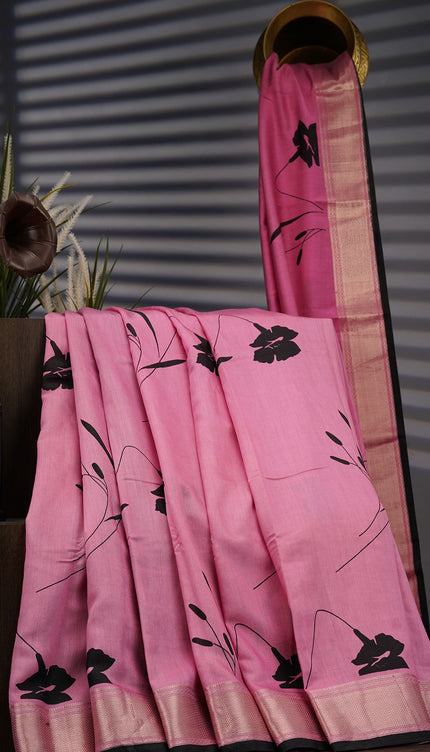 Muslin Silk Digital Print With Gold Zari Border - Pink