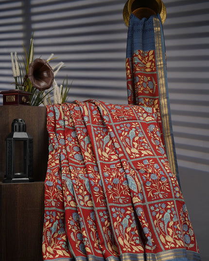 Chanderi Silk Floral Print With Contrast Border - Maroon