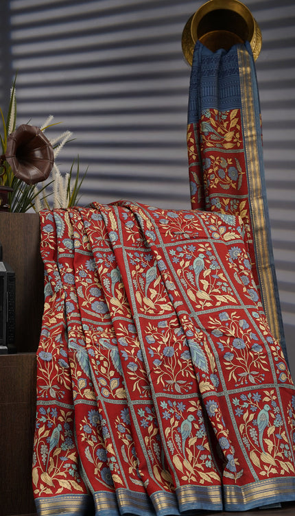 Chanderi Silk Floral Print With Contrast Border - Maroon