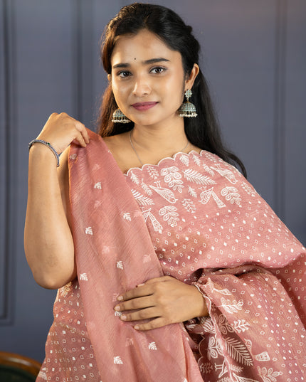 Soft Crush Tissue Saree With  Thread Embroidery Work and Scallop Border- Onion Pink