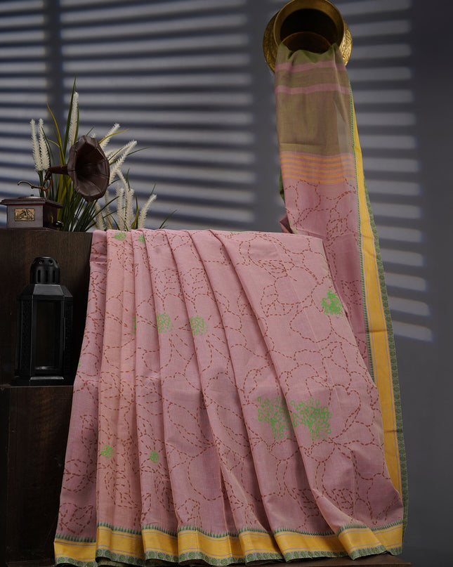 Cotton Printed Saree With Thread Weaving Border - Onion Pink