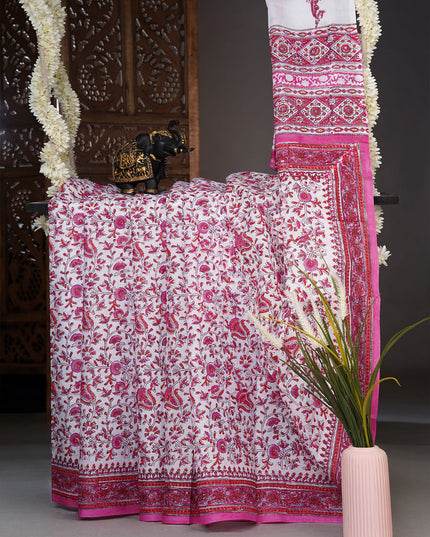 Mul cotton saree with floral  block printed and contrast border - white