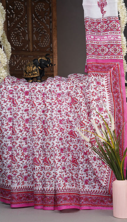 Mul cotton saree with floral  block printed and contrast border - white