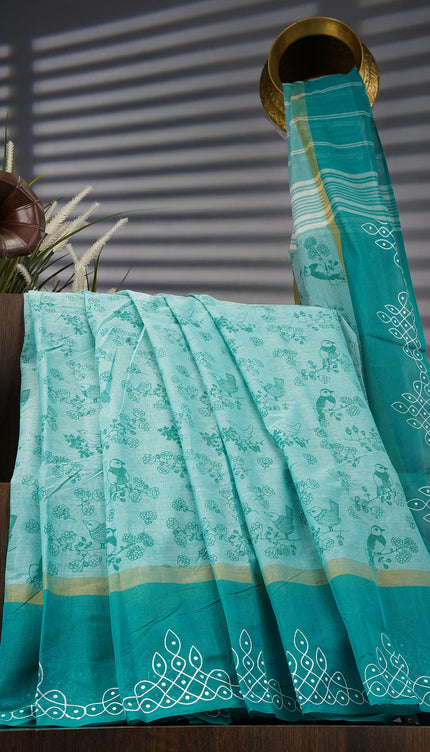 Chanderi Silk Floral Print With Contrast Border - Rama Green