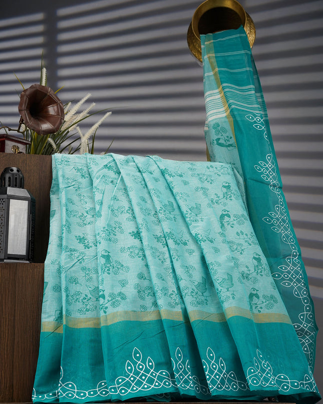 Chanderi Silk Floral Print With Contrast Border - Rama Green