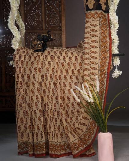 Kota cotton saree with Block print - Beige