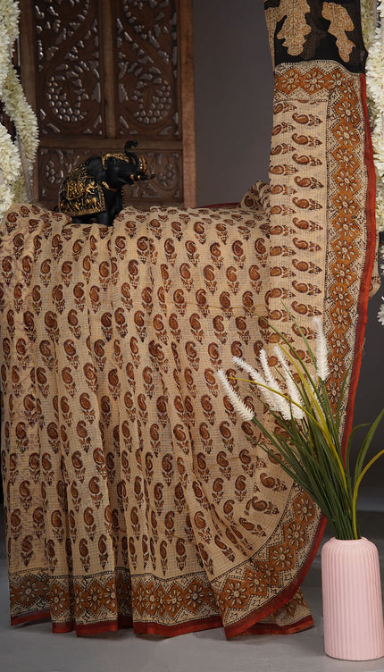 Kota cotton saree with Block print - Beige