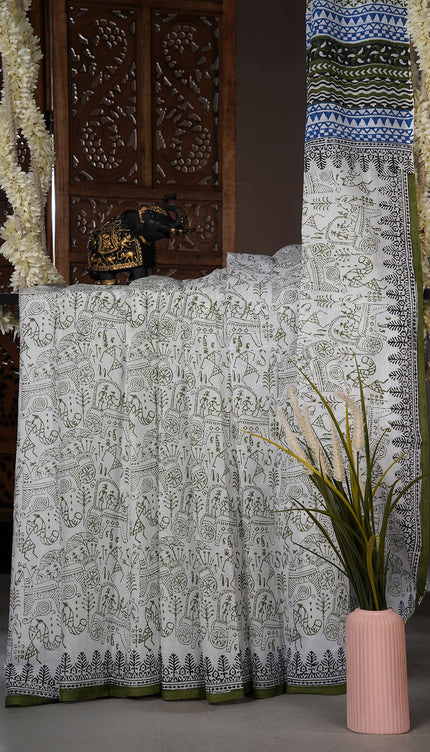 Mul cotton saree with Warli print - White