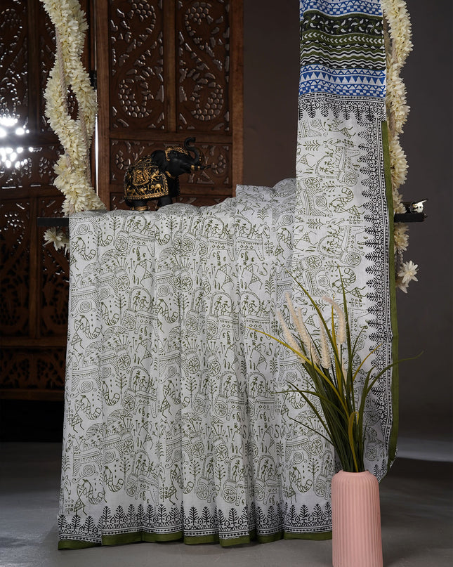 Mul cotton saree with Warli print - White
