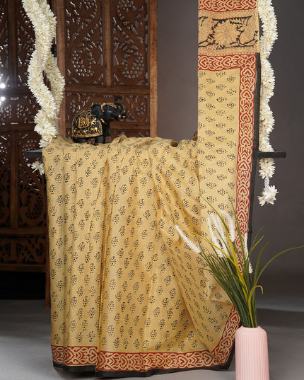 Mul Cotton Saree with  Block Printed and conratst border - Mastered Yellow
