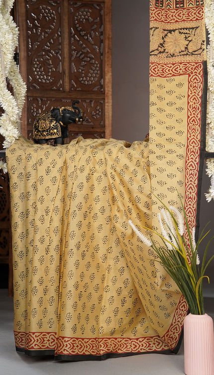 Mul Cotton Saree with  Block Printed and conratst border - Mastered Yellow