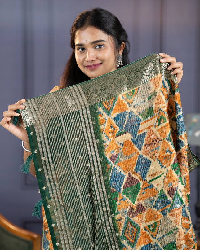 Korean crepe Saree with Floral Print With Golden Border