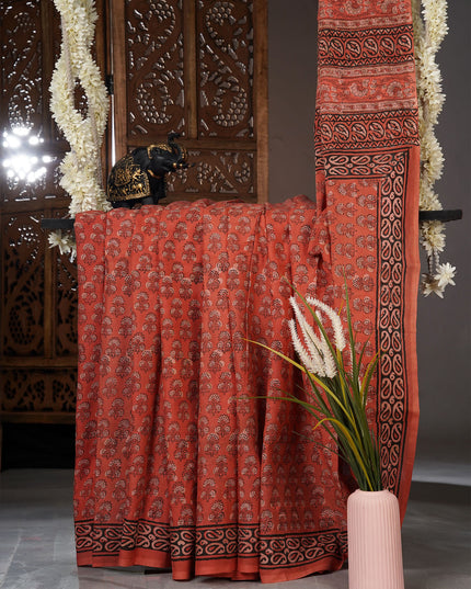 Mul cotton saree with block floral print - Rust Orange