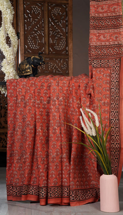 Mul cotton saree with block floral print - Rust Orange