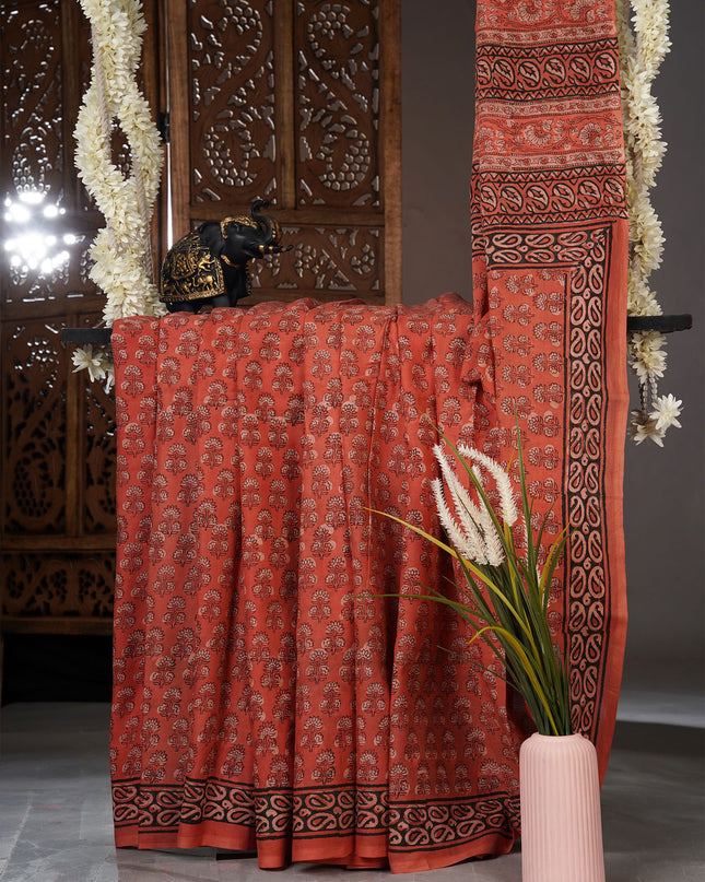Mul cotton saree with block floral print - Rust Orange