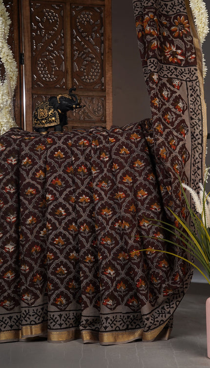 Mul cotton saree with Floral Kalamkari block print and contrast border - Brown