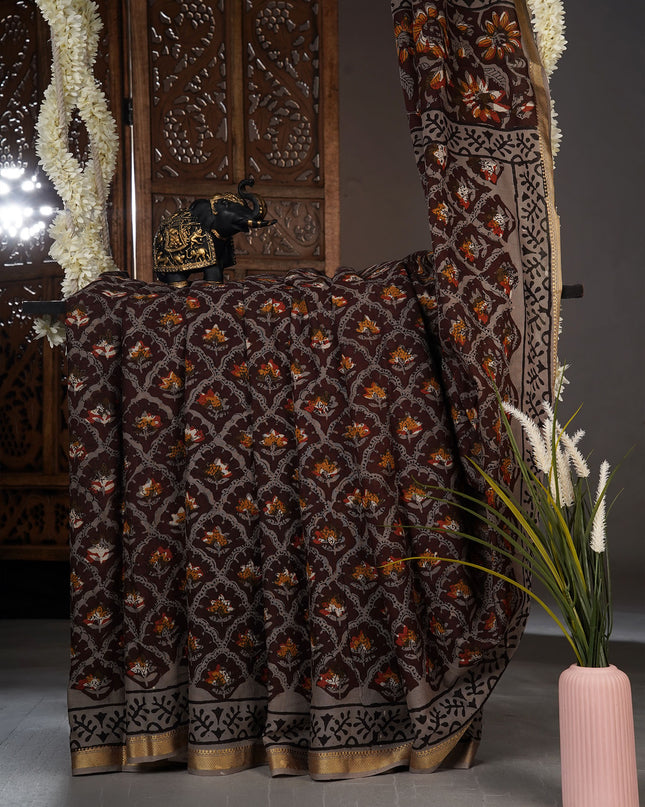 Mul cotton saree with Floral Kalamkari block print and contrast border - Brown