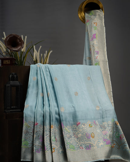 Banaras Silk Silver Butti Meenakari Border with Silver Zari - Blue