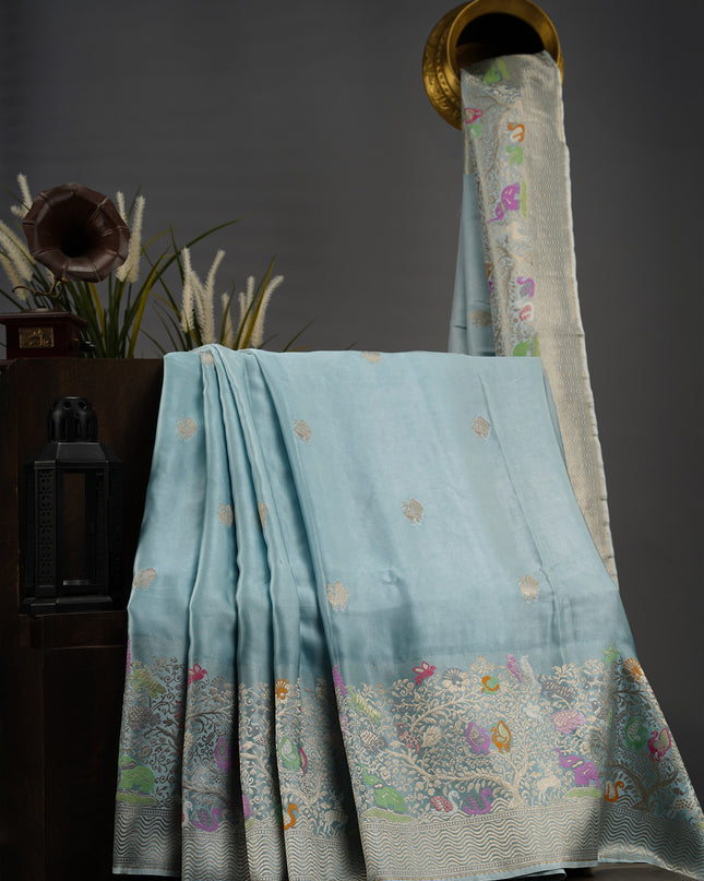 Banaras Silk Silver Butti Meenakari Border with Silver Zari - Blue