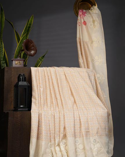 Semi Tusser Silk Saree With Contrast Border And Thread Embroidery Butties -  Beige Mustard