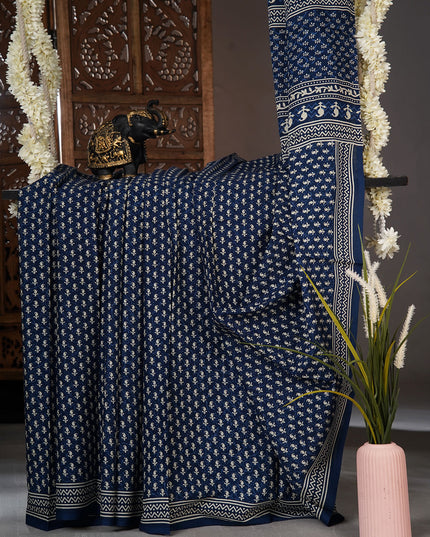 mulCotton Saree with  Block Printed - Navy Blue