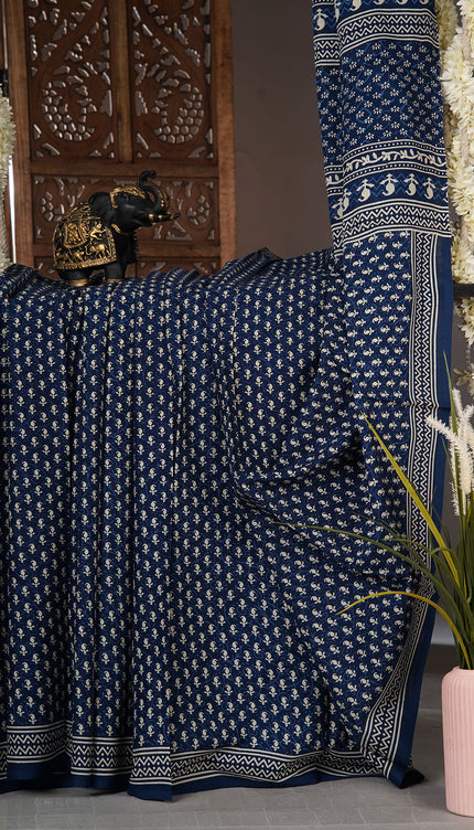 mulCotton Saree with  Block Printed - Navy Blue