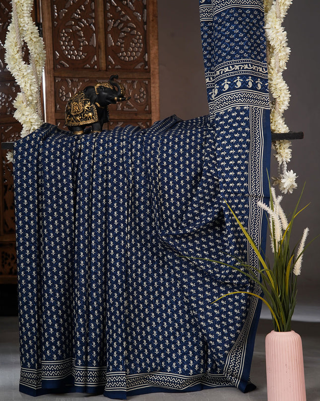 mulCotton Saree with  Block Printed - Navy Blue