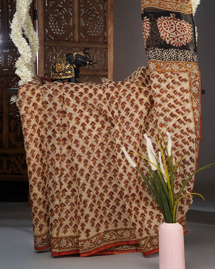Kota cotton saree with block print and contrast border -Beige