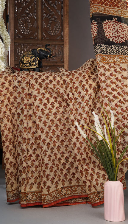 Kota cotton saree with block print and contrast border -Beige