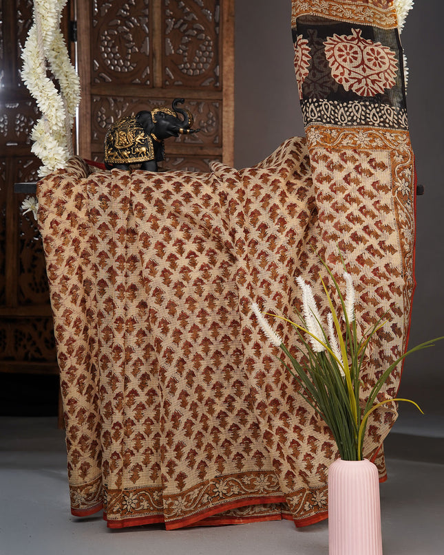 Kota cotton saree with block print and contrast border -Beige