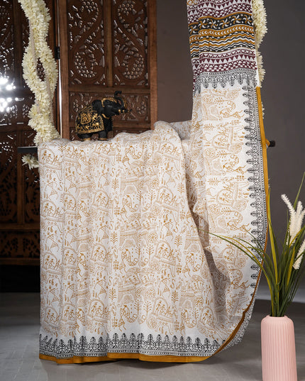 Mul cotton saree with Warli print - White
