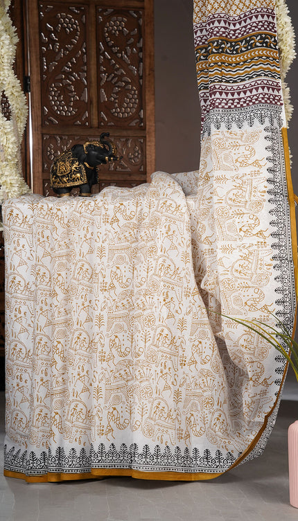 Mul cotton saree with Warli print - White