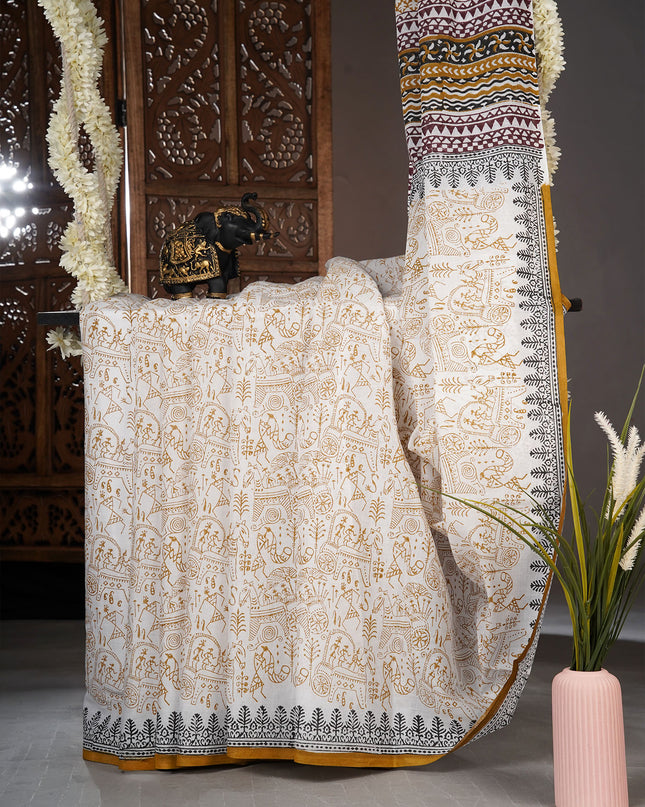 Mul cotton saree with Warli print - White