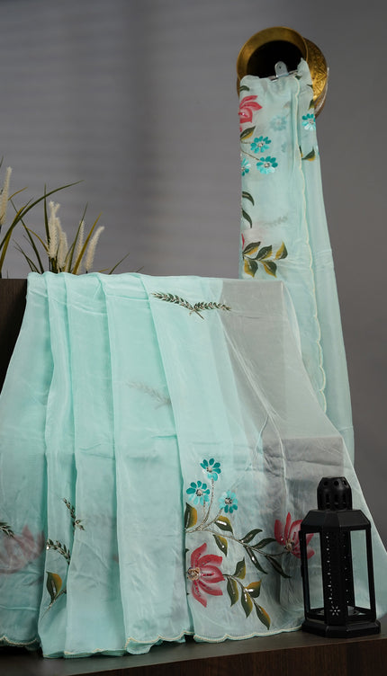 Russian Crape Hand Painting Design With Kardana & Sequence Work Scallop Border With Pearl Work - Mint Blue