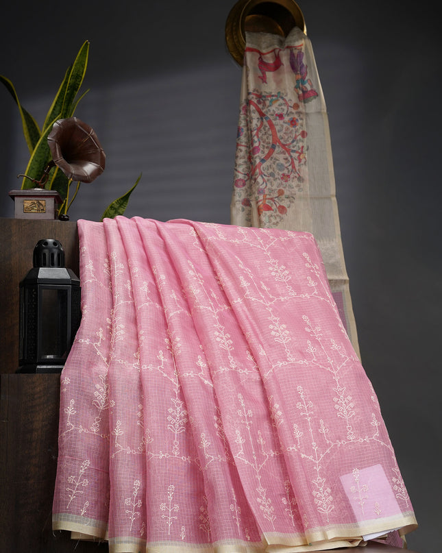 Silk Kota Saree With Allover Thread Work - Onion Pink