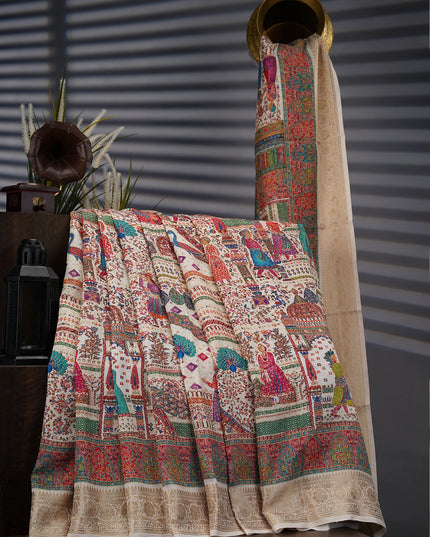 Semi Tusser Silk With Pashmina Print With Kanchi Border - Cream