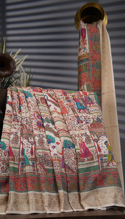 Semi Tusser Silk With Pashmina Print With Kanchi Border - Cream