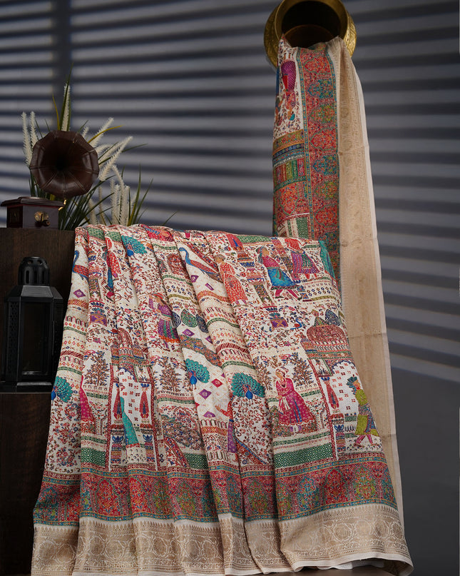 Semi Tusser Silk With Pashmina Print With Kanchi Border - Cream