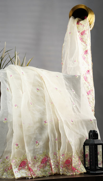 Tissue Organza Thread Embroidery Buttis with Scallop Border Kardana Work - Off White