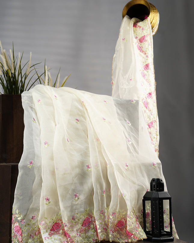 Tissue Organza Thread Embroidery Buttis with Scallop Border Kardana Work - Off White