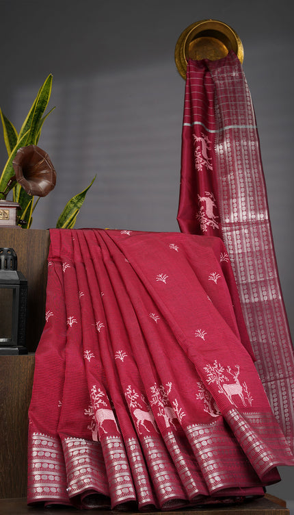 Mangalagiri Silk Saree With Thread Embroidery Butties And Silver Zari - Maroon
