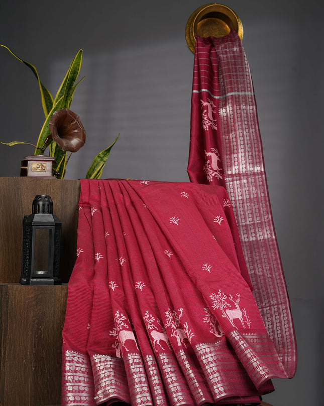 Mangalagiri Silk Saree With Thread Embroidery Butties And Silver Zari - Maroon