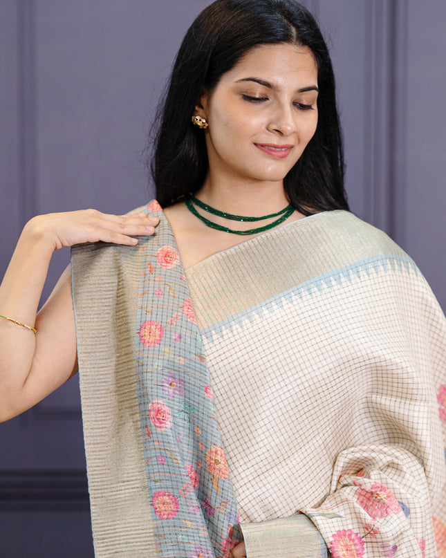 Semi Tusser silk Digetal Print With Golden Zari Border