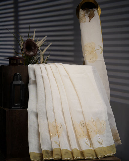 Tissue Lenin Floral Digital Print with Scallop Border Kardana and Peal Work- Pista Green