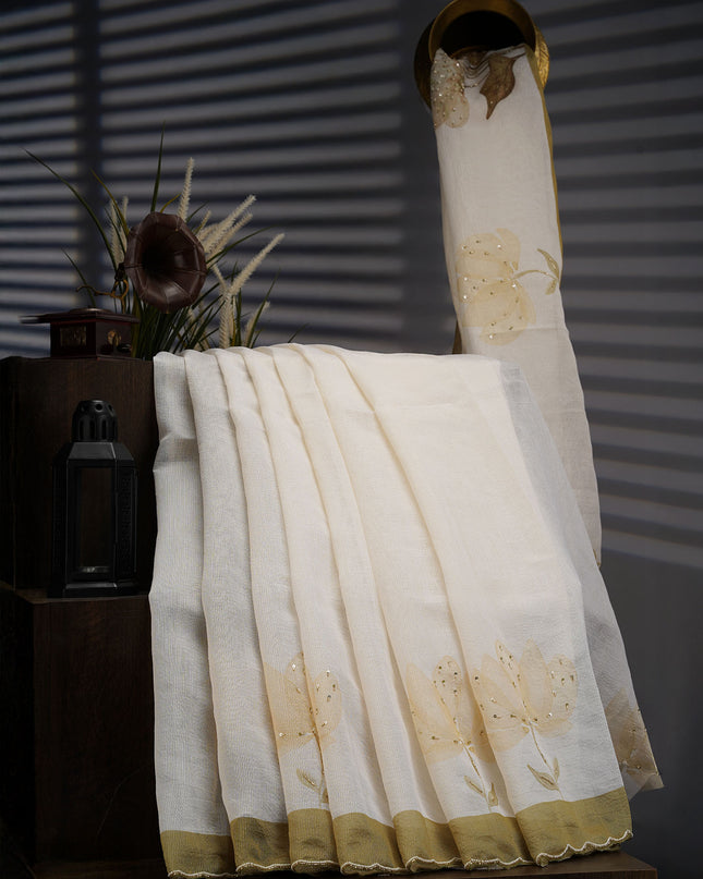 Tissue Lenin Floral Digital Print with Scallop Border Kardana and Peal Work- Pista Green