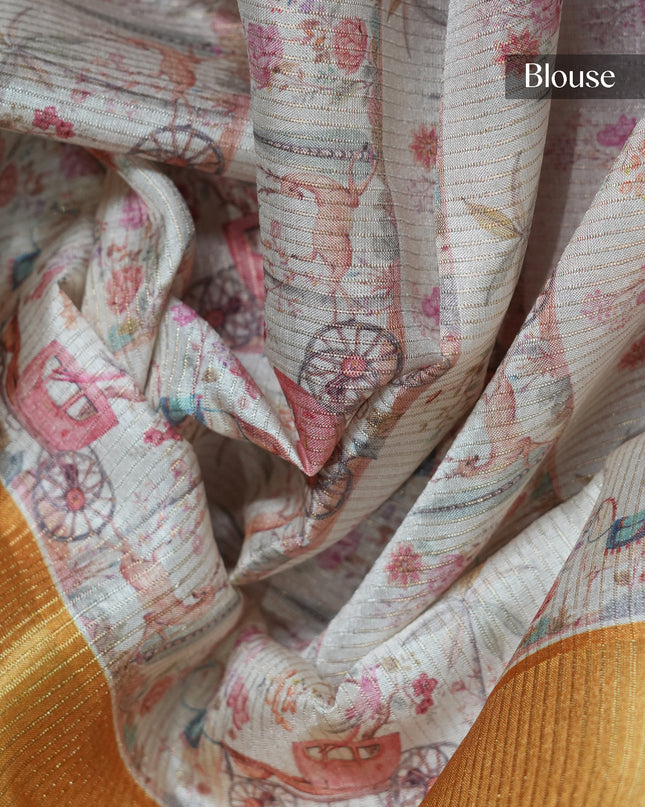 Tussar silk saree with digital print zari border - Mustard