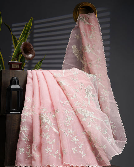 Linen Tissue Saree With Applique Work And Scallop Border - Baby Pink